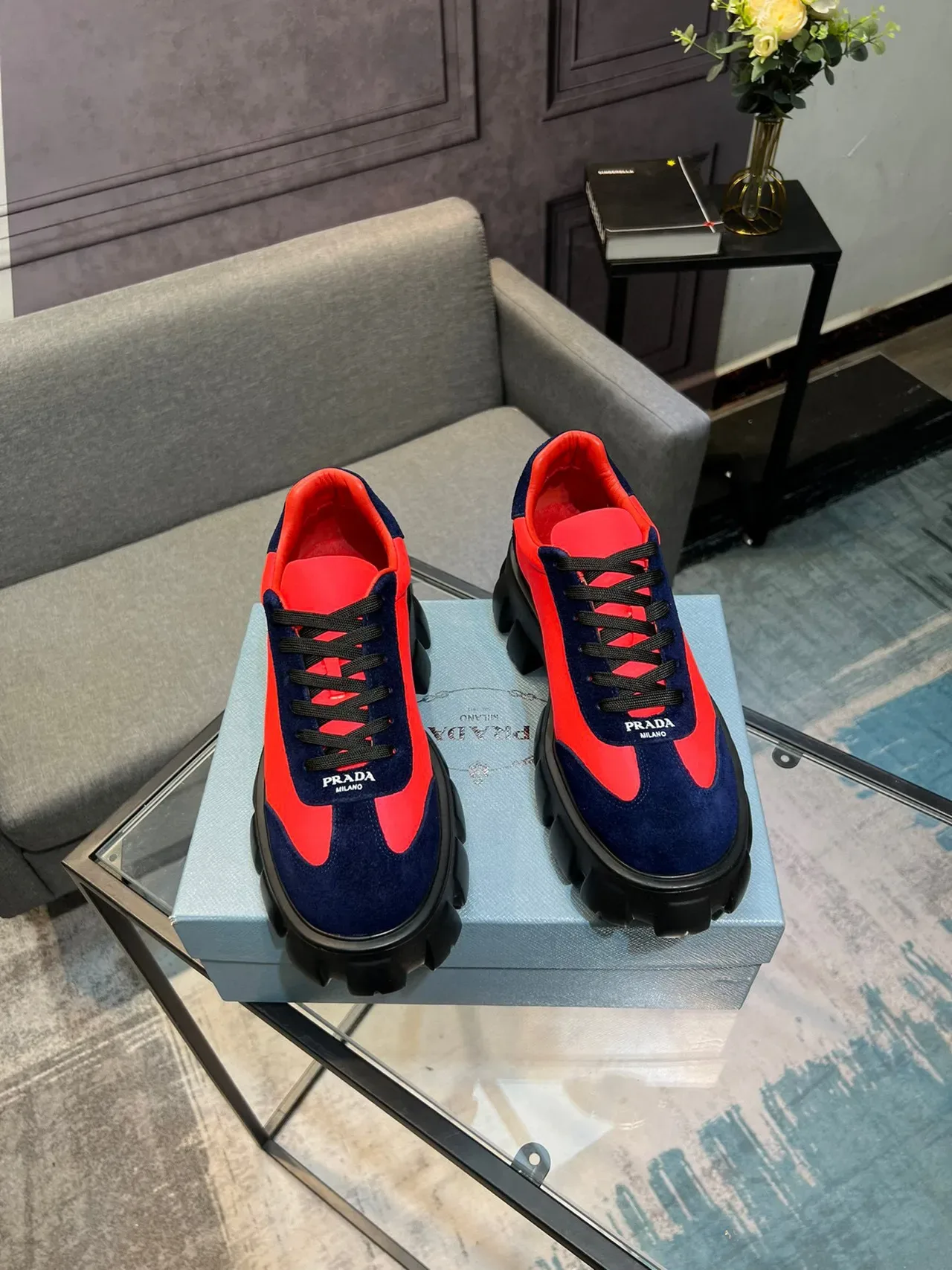 Prada Cloudbust Red and Navy Suede Lifestyle Sneakers 7
