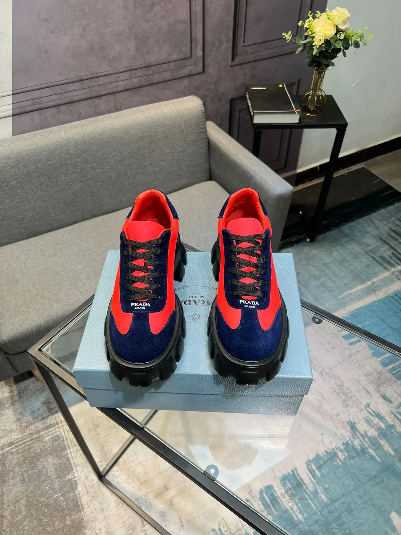 Prada Cloudbust Red and Navy Suede Lifestyle Sneakers 8