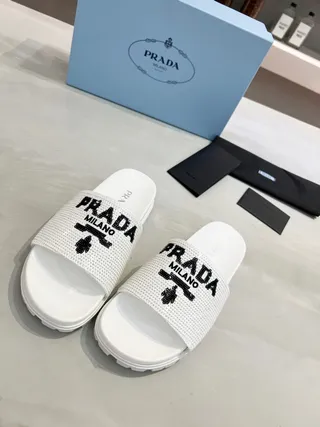 Prada Cloudbust Slide White Mesh Embroidered Logo Slippers 6