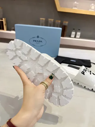 Prada Cloudbust Slide White Mesh Embroidered Logo Slippers 7