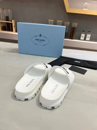 Prada Cloudbust Slide White Mesh Embroidered Logo Slippers 8