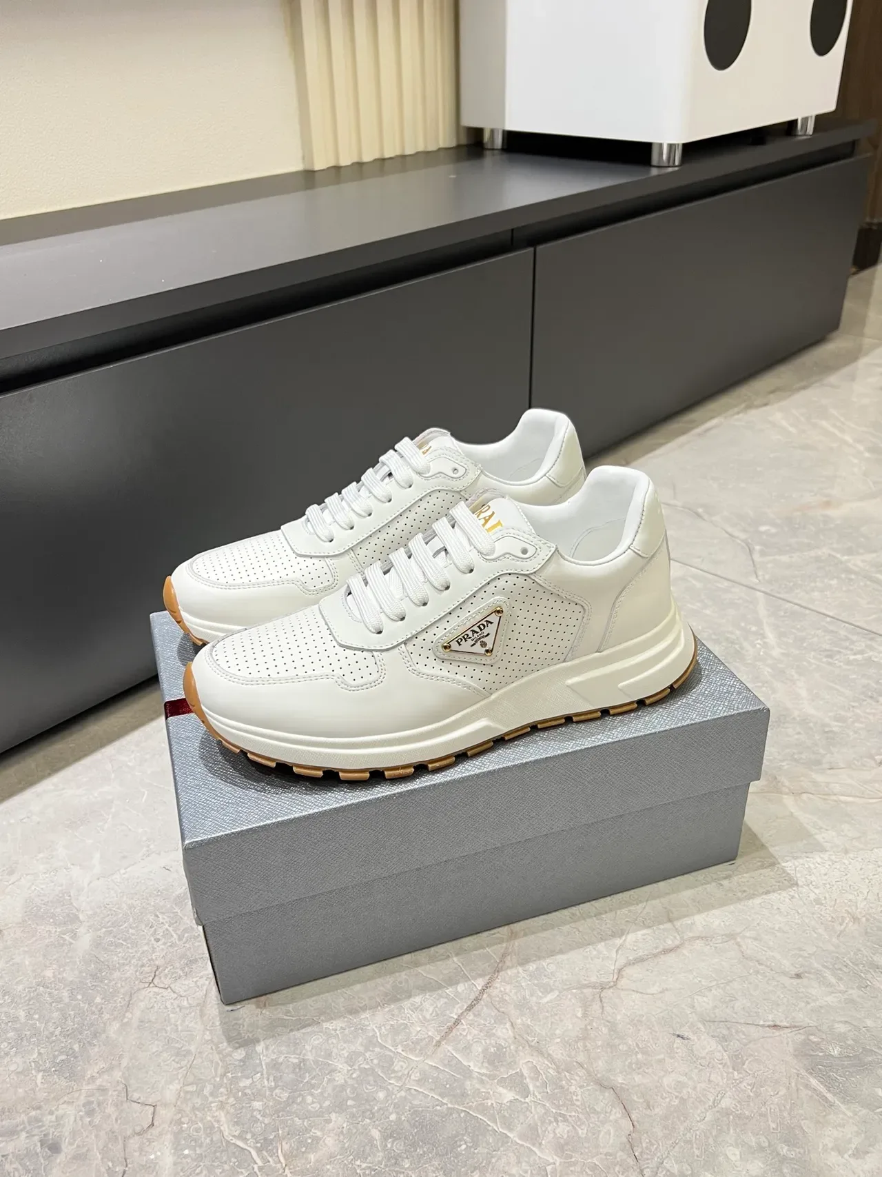Prada Cloudbust White Beige Perforated Leather Triangular Logo Plaque Lifestyle Sneakers 4