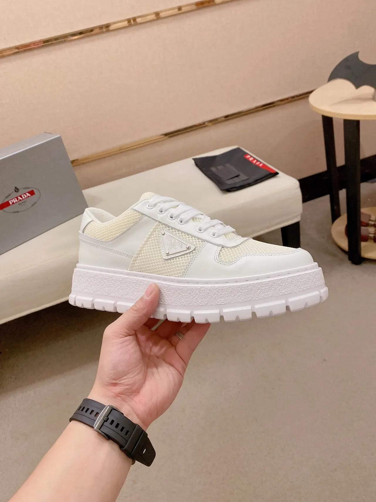 Prada Cloudbust White Beige Platform Sole Mesh-and-Leather Upper Chunky Sneakers 4