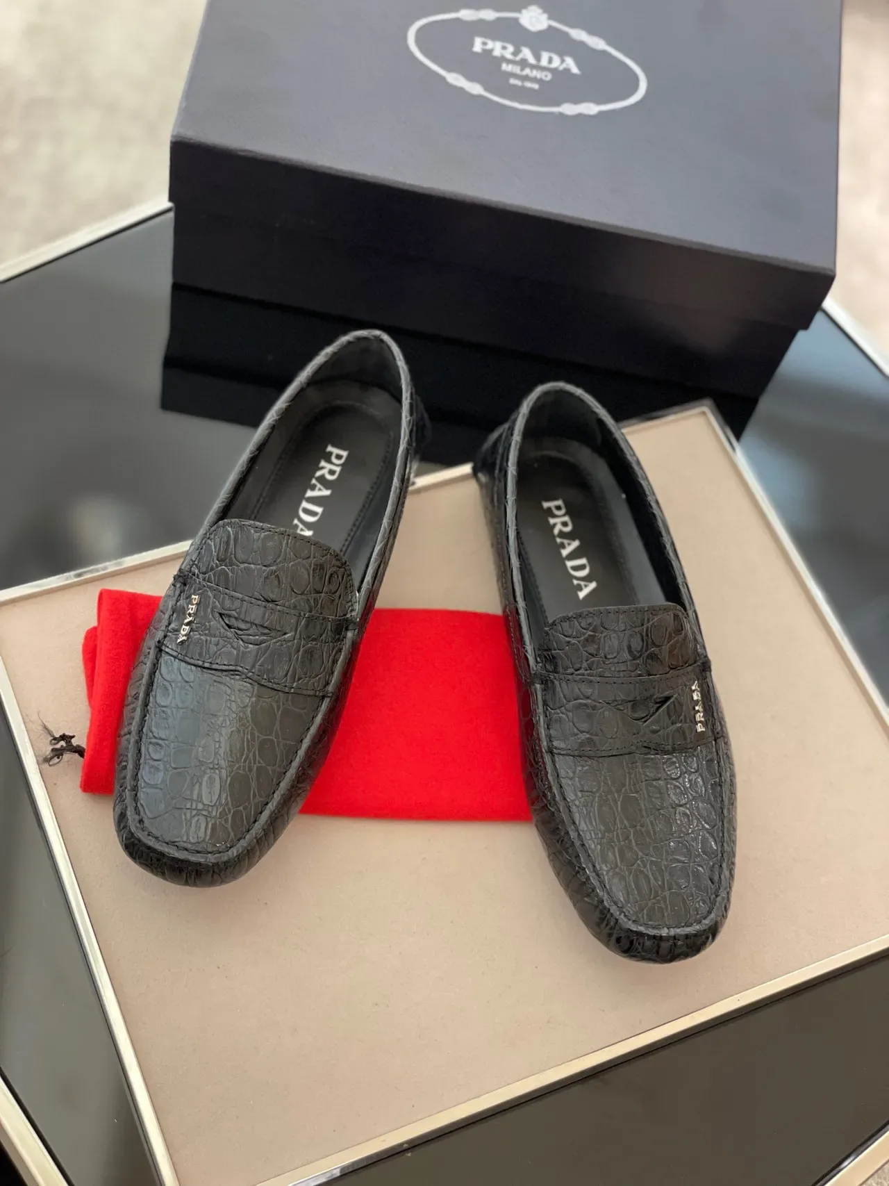 Prada Crocodile-Embossed Penny Loafer Black Loafers 6