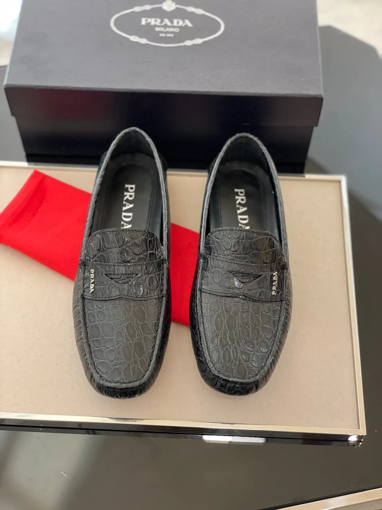 Prada Crocodile-Embossed Penny Loafer Black Loafers 9