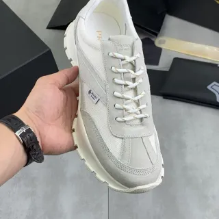 Prada Gray Beige Mixed-Material Upper Sculpted Chunky Sole Sneakers
