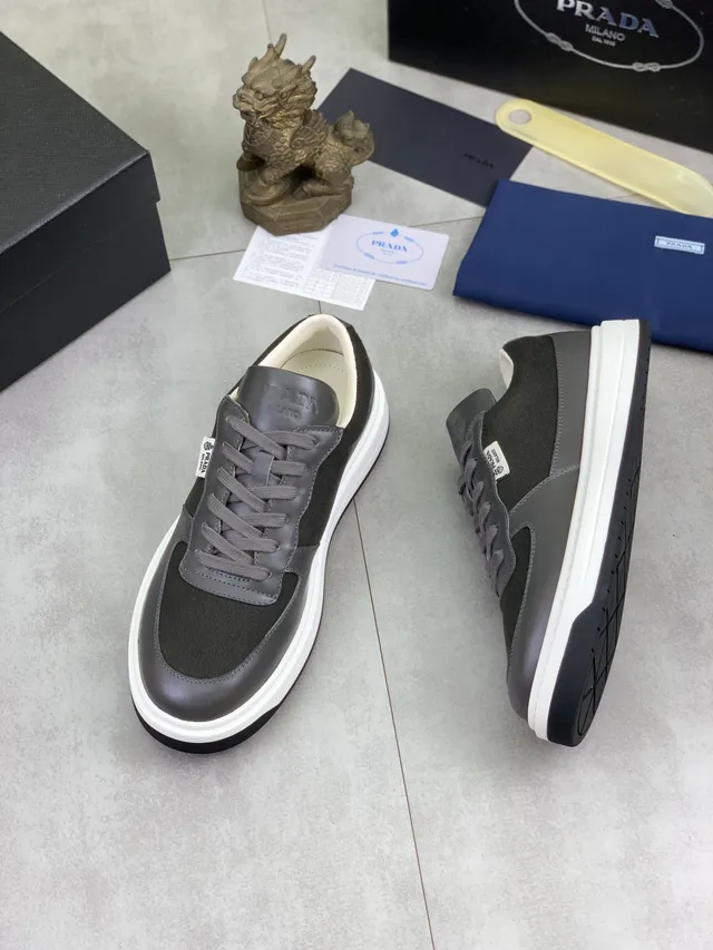 Prada Gray White Layered Leather And Mesh Upper Thick Platform Sole Lifestyle Sneakers 5