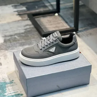 Prada Gray White Low-Top Textile-Leather Hybrid Upper Lifestyle Sneakers