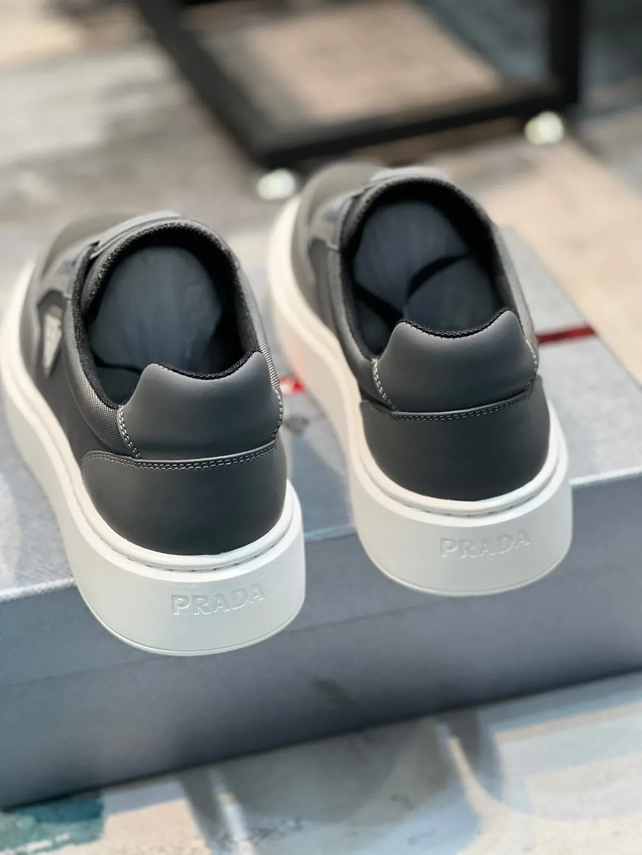 Prada Gray White Low-Top Textile-Leather Hybrid Upper Lifestyle Sneakers 2