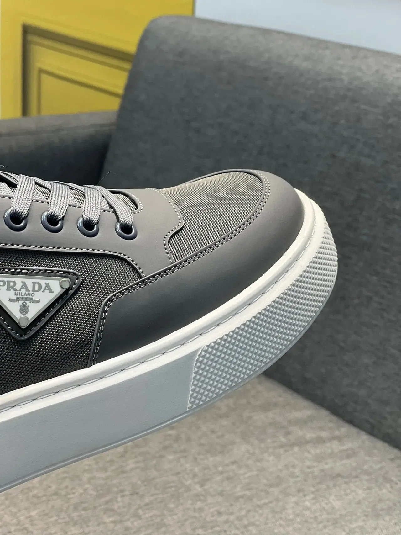 Prada Gray White Low-Top Textile-Leather Hybrid Upper Lifestyle Sneakers 3