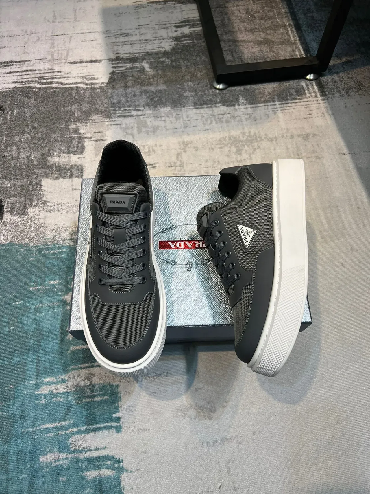 Prada Gray White Low-Top Textile-Leather Hybrid Upper Lifestyle Sneakers 4