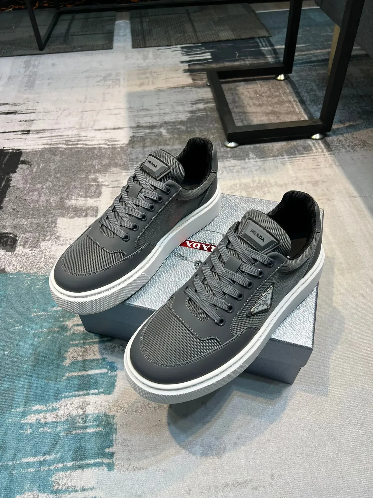 Prada Gray White Low-Top Textile-Leather Hybrid Upper Lifestyle Sneakers 5