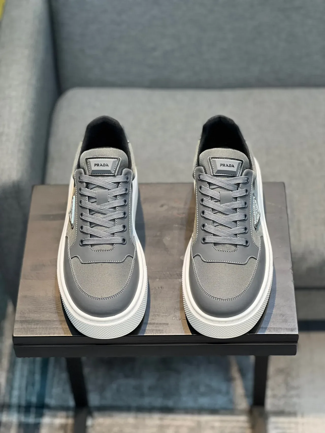 Prada Gray White Low-Top Textile-Leather Hybrid Upper Lifestyle Sneakers 6