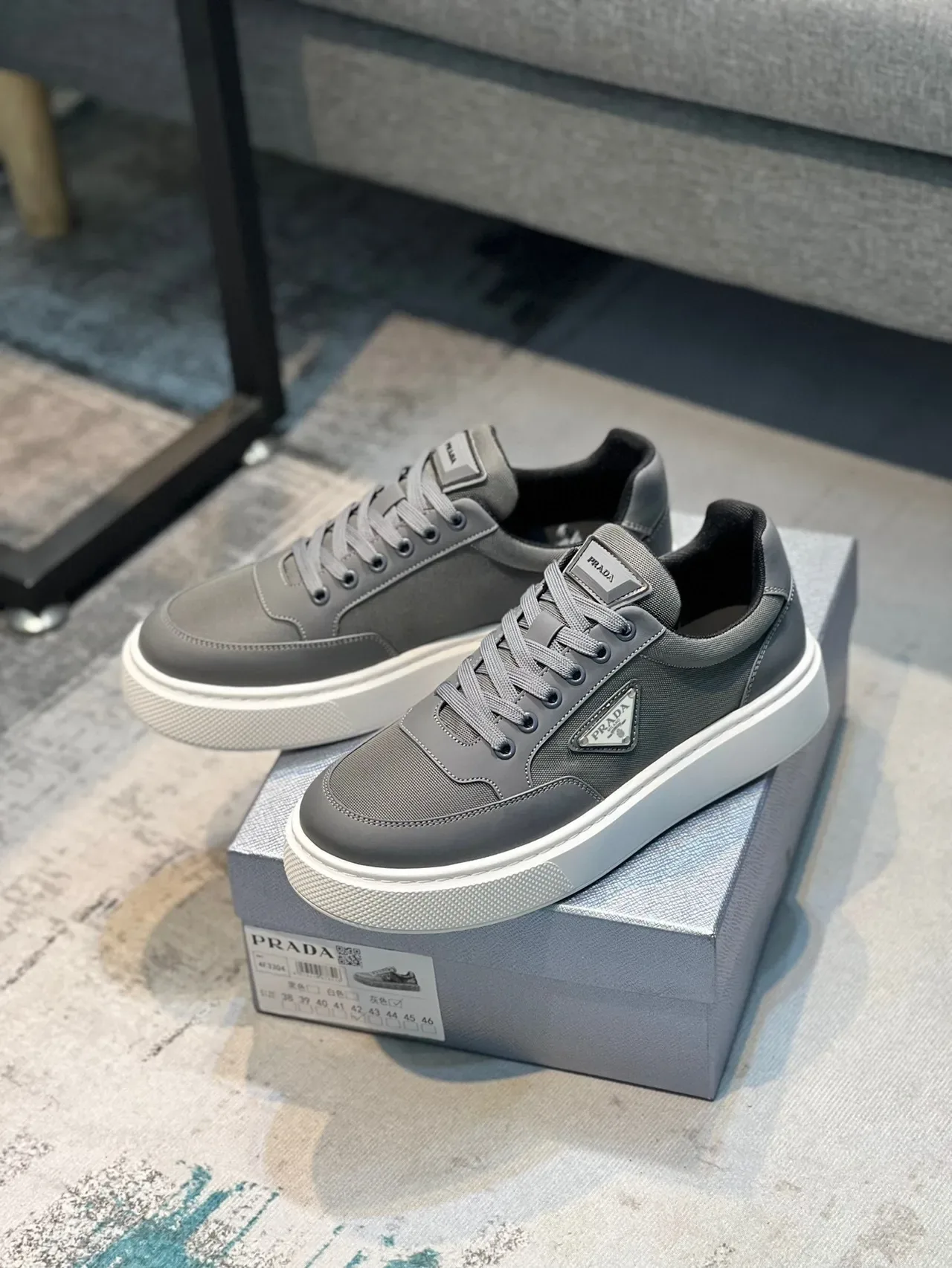 Prada Gray White Low-Top Textile-Leather Hybrid Upper Lifestyle Sneakers 7
