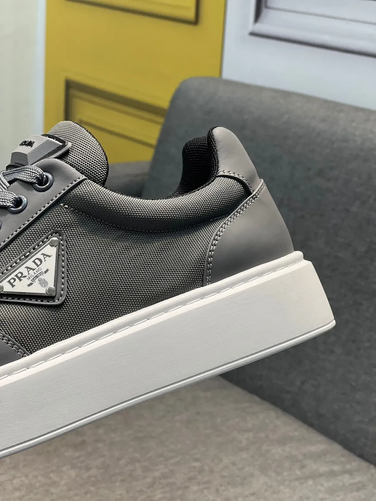 Prada Gray White Low-Top Textile-Leather Hybrid Upper Lifestyle Sneakers 8