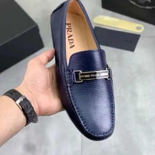 Prada Horsebit Loafer गहरा नीला भूरा पेबल्ड लेदर बकल Loafer