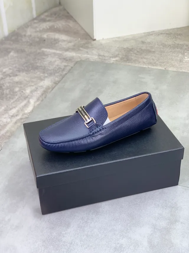 Prada Horsebit Loafer Cuir Navy Marron Pebbleado Boucle Loafer 4