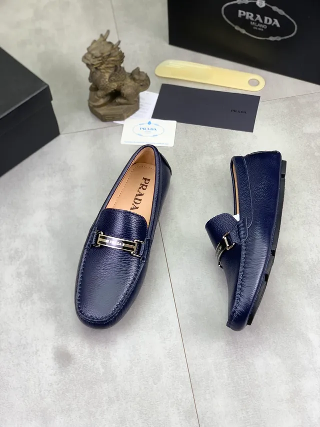 Prada Horsebit Loafer Cuir Navy Marron Pebbleado Boucle Loafer 5