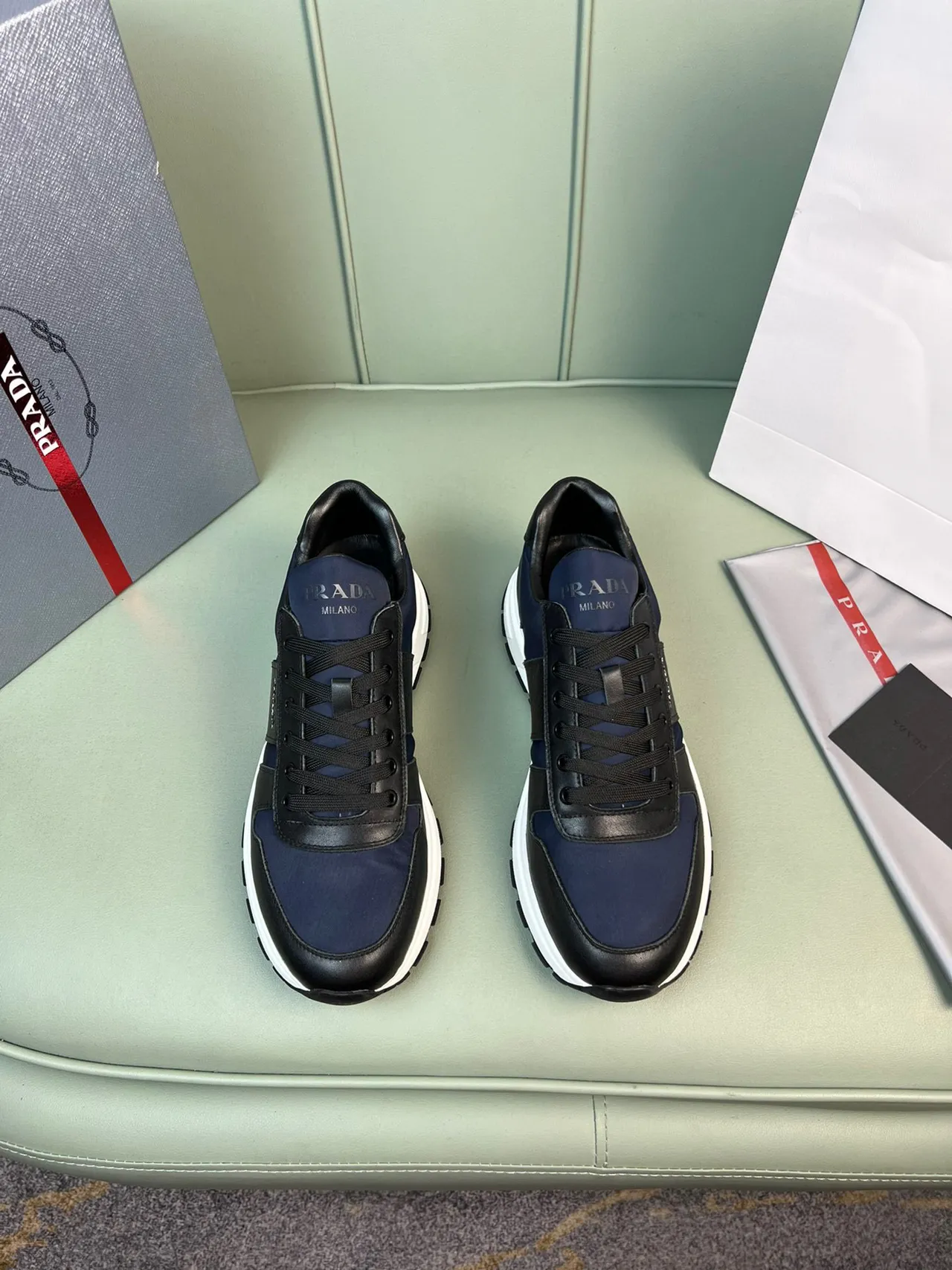 Prada Navy Black Mixed-Material Upper Contrasting Lifestyle Sneakers 5