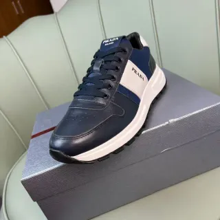Prada Navy White Panelled Leather And Mesh Upper Bold Logo Stripe Lifestyle Sneakers