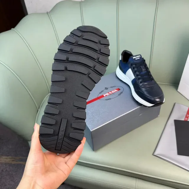 Prada Navy White Panelled Leather And Mesh Upper Bold Logo Stripe Lifestyle Sneakers 2