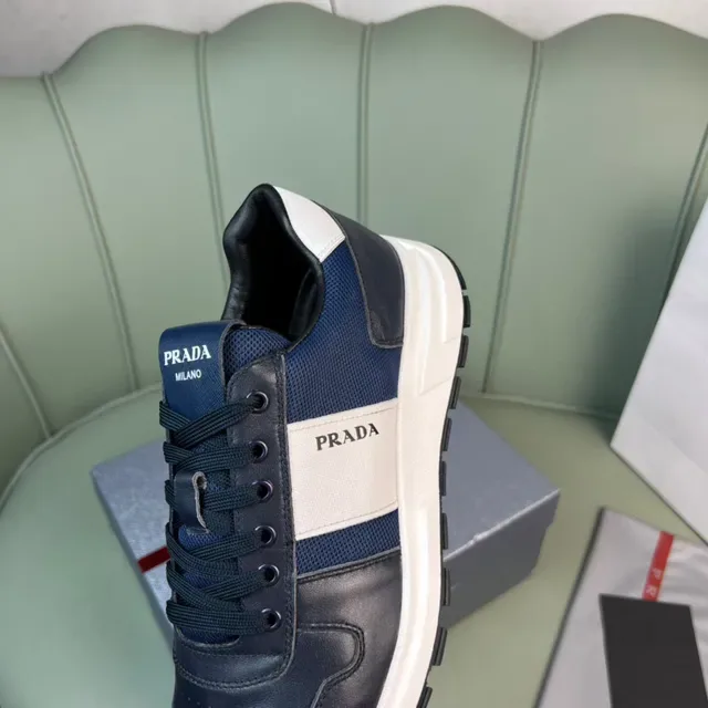 Prada Navy White Panelled Leather And Mesh Upper Bold Logo Stripe Lifestyle Sneakers 3