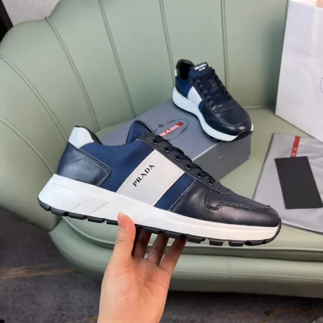 Prada Navy White Panelled Leather And Mesh Upper Bold Logo Stripe Lifestyle Sneakers 4