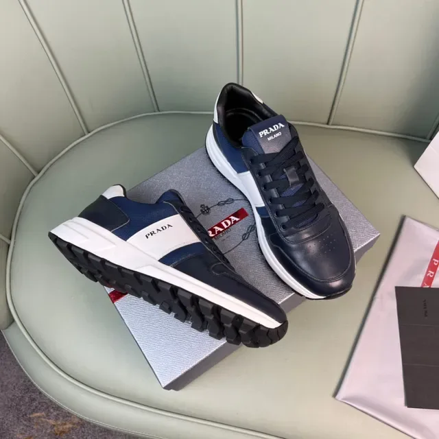 Prada Navy White Panelled Leather And Mesh Upper Bold Logo Stripe Lifestyle Sneakers 5