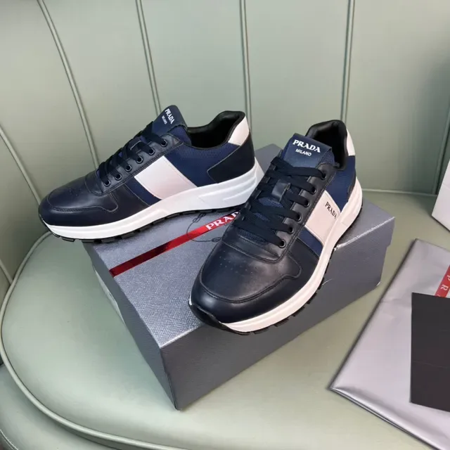 Prada Navy White Panelled Leather And Mesh Upper Bold Logo Stripe Lifestyle Sneakers 6