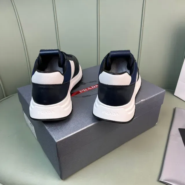 Prada Navy White Panelled Leather And Mesh Upper Bold Logo Stripe Lifestyle Sneakers 7