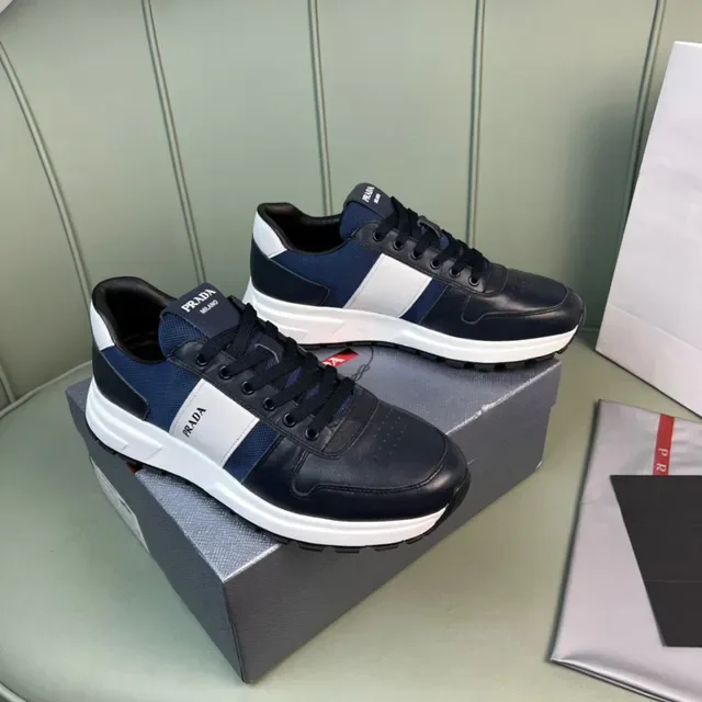 Prada Navy White Panelled Leather And Mesh Upper Bold Logo Stripe Lifestyle Sneakers 8