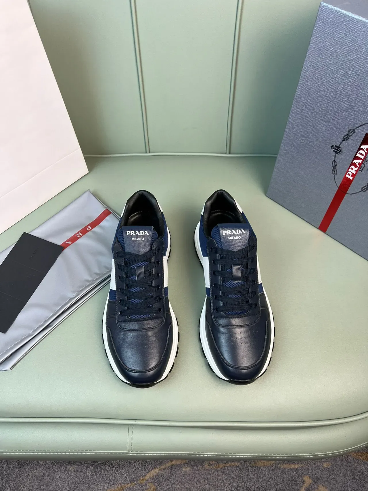 Prada Navy White Panelled Leather And Mesh Upper Bold Logo Stripe Lifestyle Sneakers 9
