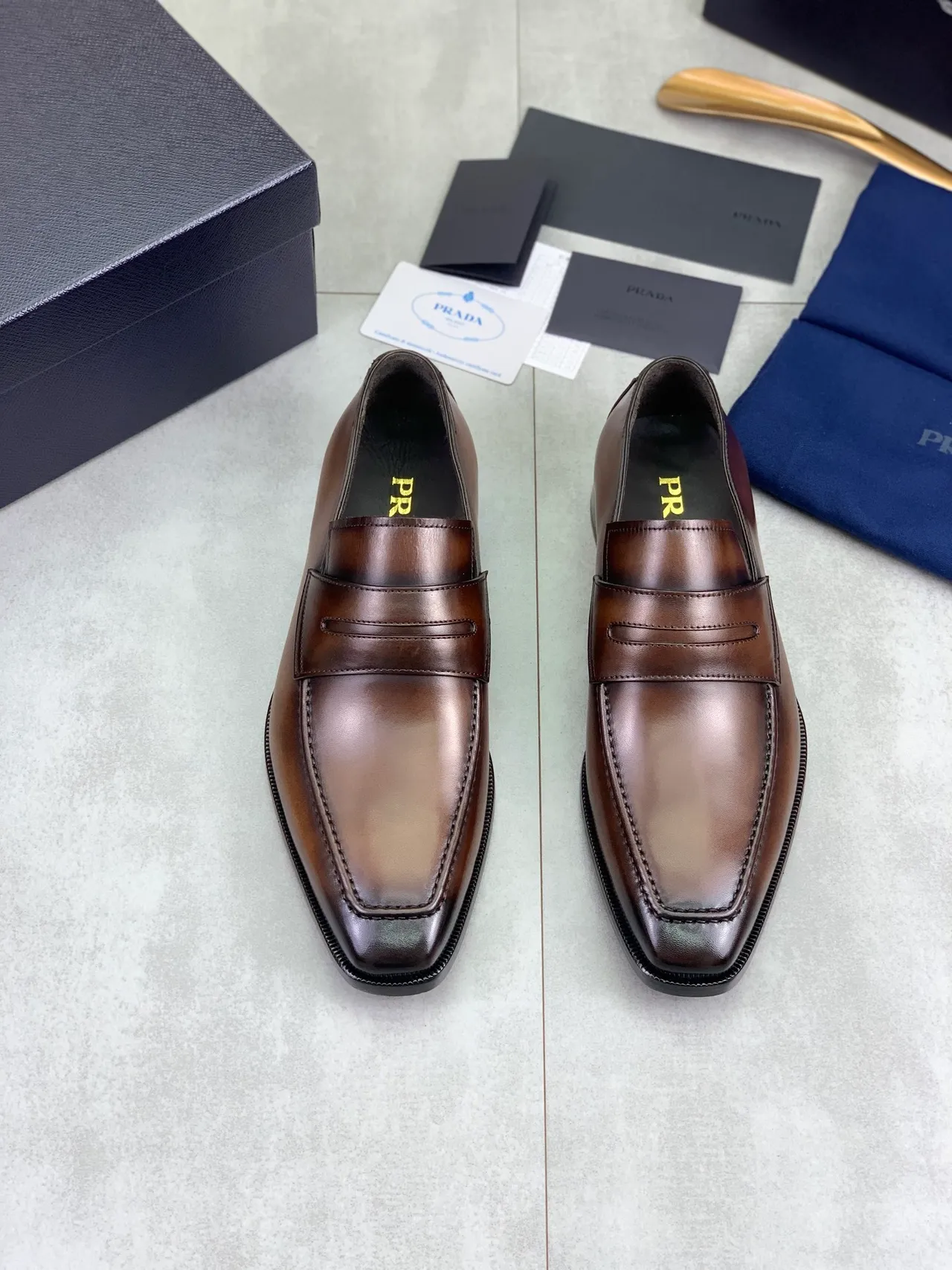 Prada Penny Loafer Couro Marrom Bico Quadrado Mocassins 5
