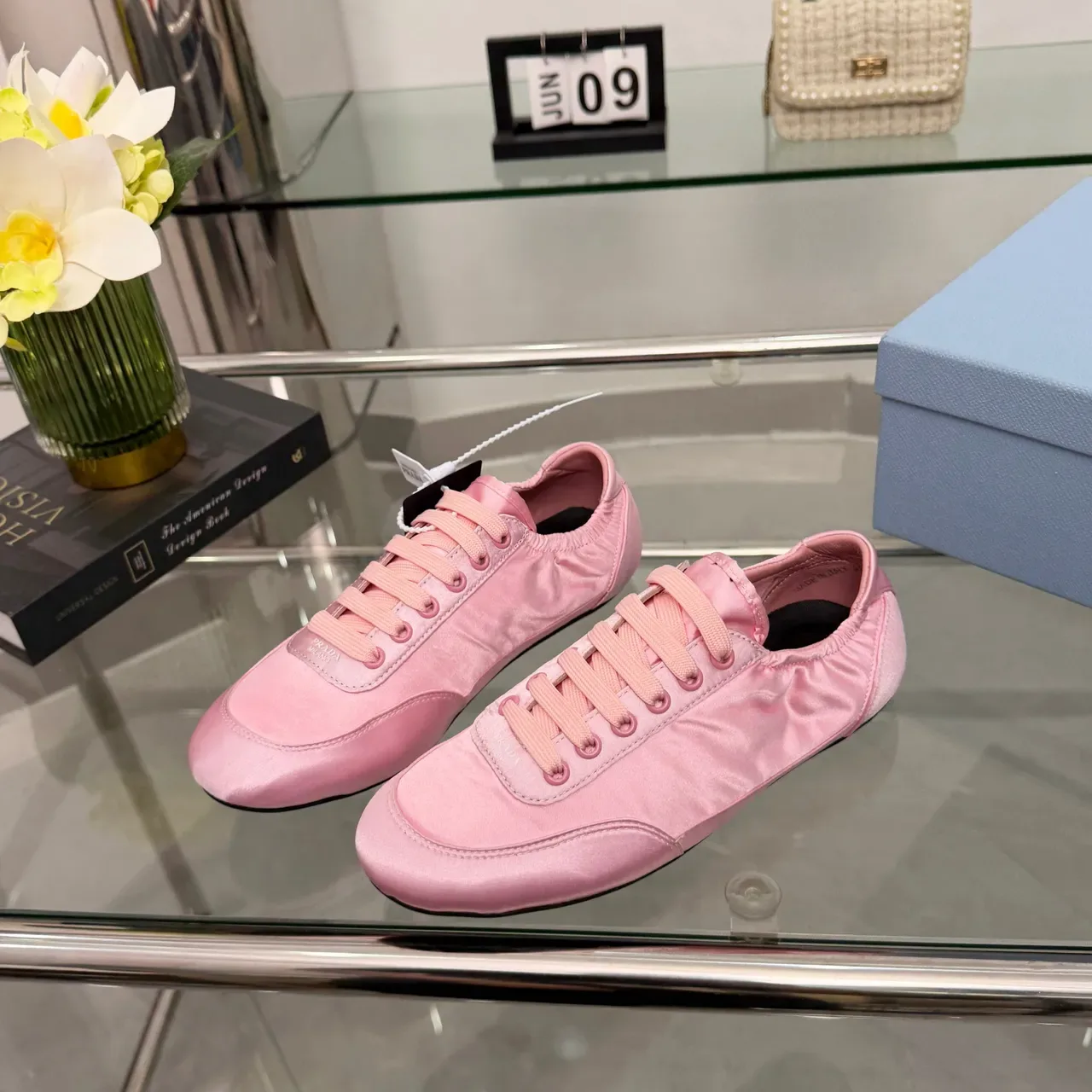 Sneakers Lifestyle Prada Rose Noir Satiné Haut Élastique Col de Cheville Élastique 6