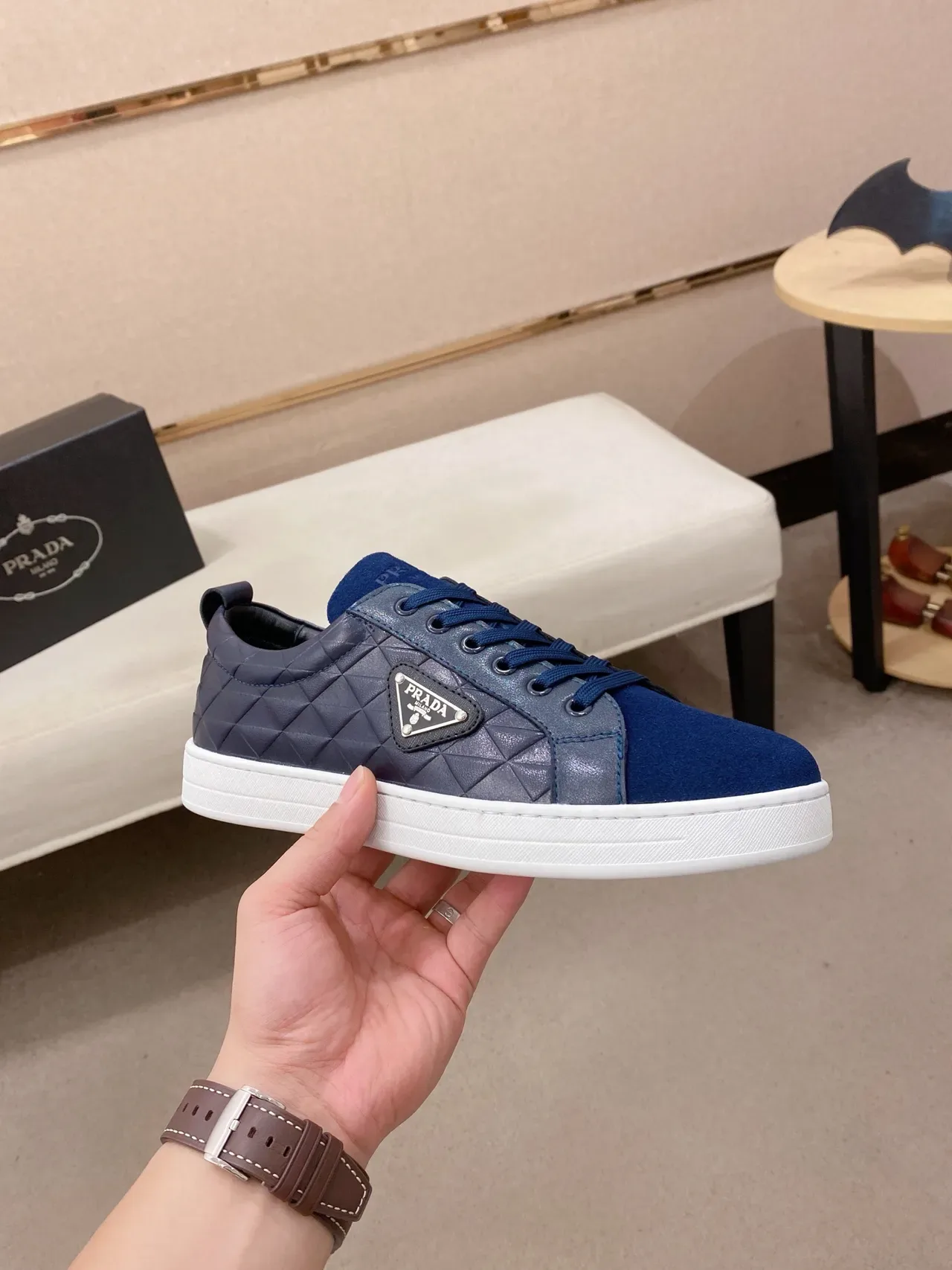 Prada Quilted Leather and Suede Low-Top Lifestyle Sneakers 4