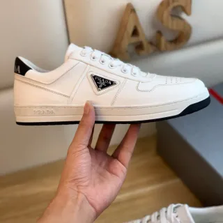 Prada White Black Panelled Leather Upper Triangular Metal Logo Plaque Lifestyle Sneakers