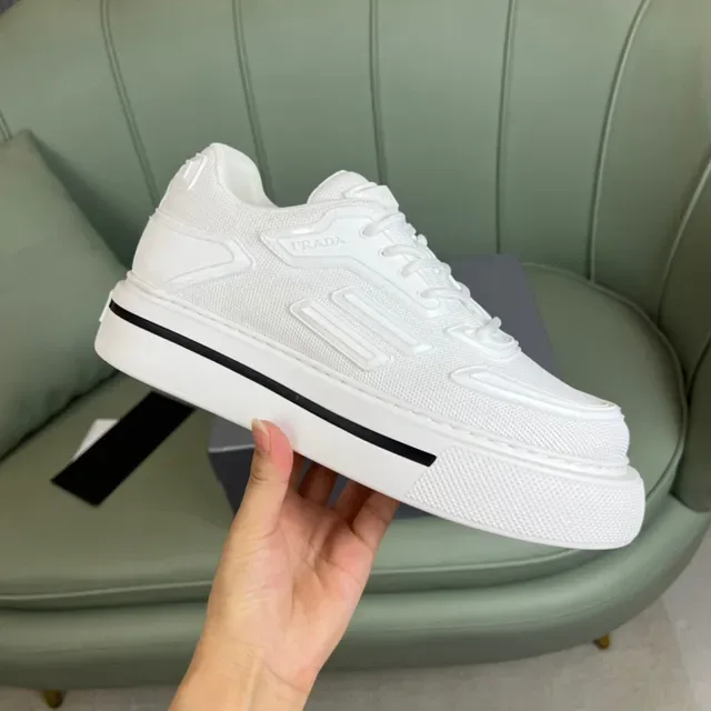 Prada Branco e Preto Plataforma Sola Malha Texturizada Superior Tênis Lifestyle 4