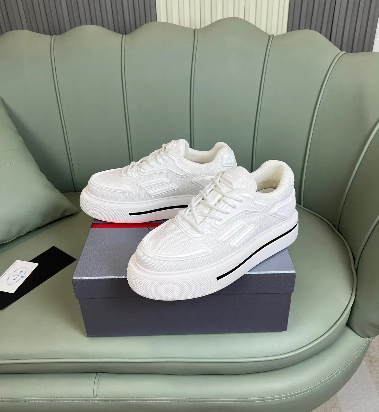 Prada Branco e Preto Plataforma Sola Malha Texturizada Superior Tênis Lifestyle 7