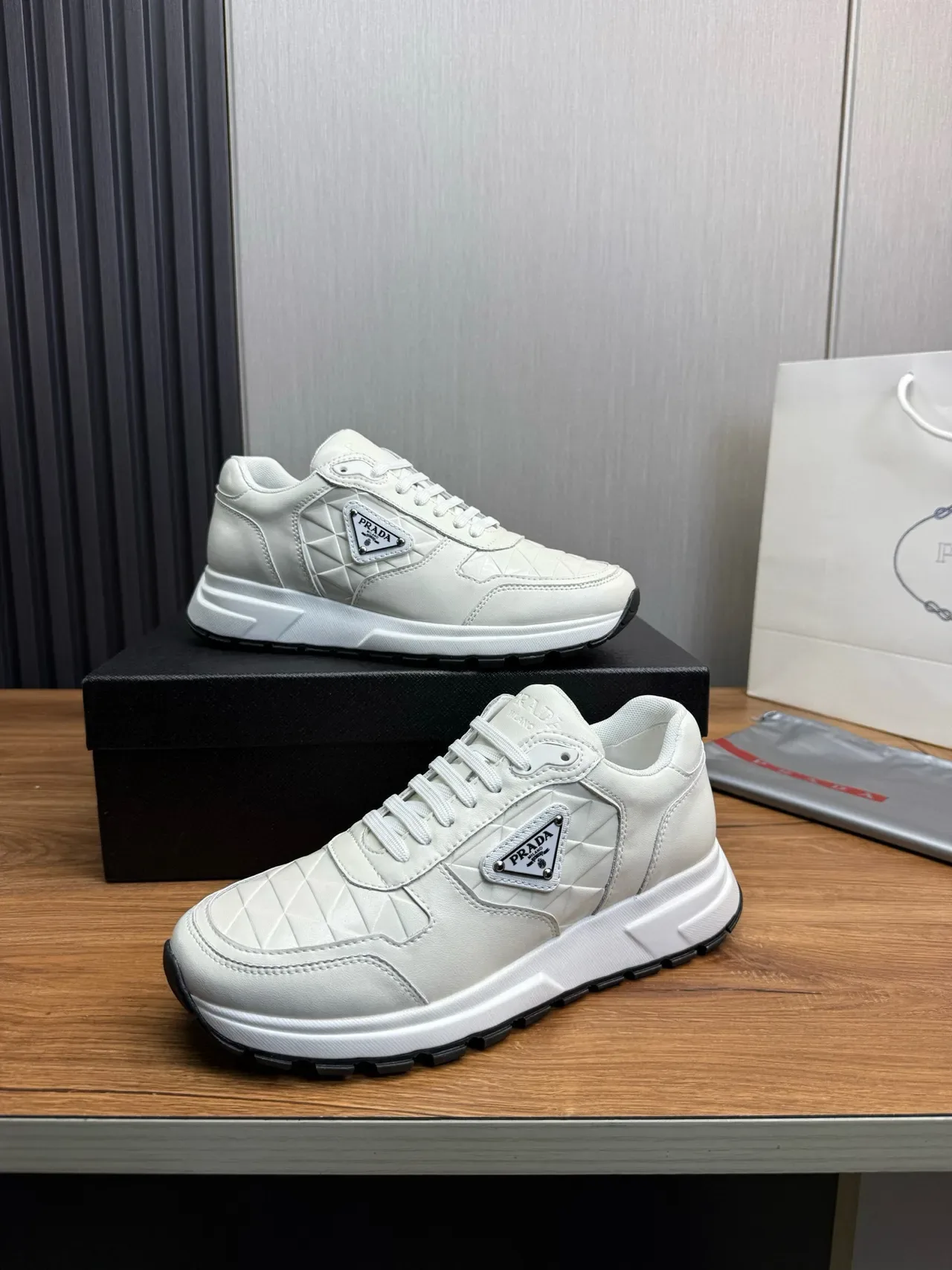 Prada White Black Quilted Leather Upper Triangular Logo Plaque Lifestyle Sneakers 3