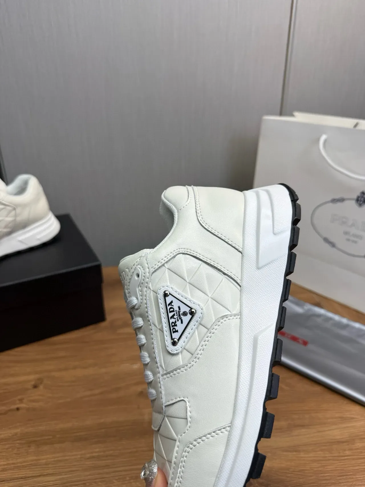 Prada White Black Quilted Leather Upper Triangular Logo Plaque Lifestyle Sneakers 8