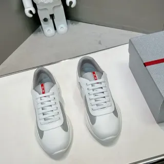 Prada White Gray Leather And Mesh Upper Side Panels Lifestyle Sneakers