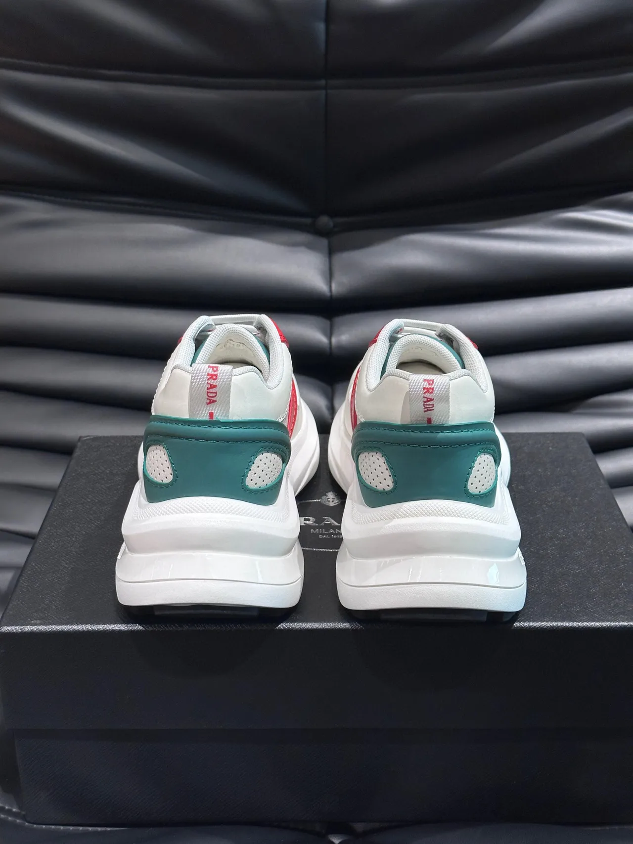 Prada White Red Layered Leather-and-Mesh Upper Perforated Toe Box Chunky Sneakers 7