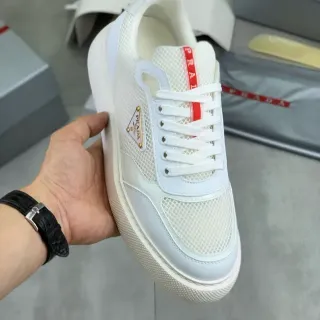Prada White Red Mesh-and-Leather Upper Triangular Logo Plaque Lifestyle Sneakers
