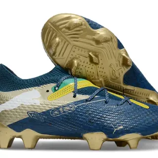 Puma 蓝色金针织领袜贴合不对称系带坚实地面足球鞋
