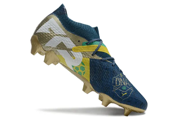 Puma Blue Gold Knit Collar Sock-Fit Asymmetric Lacing Firm-Ground Soccer Shoes 2