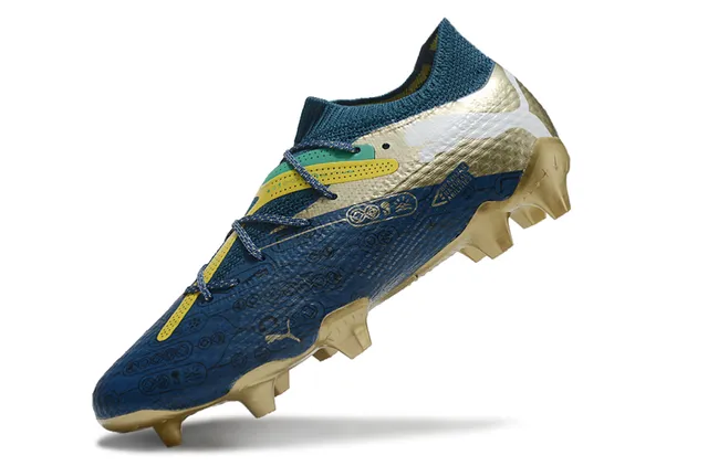 Puma Blue Gold Knit Collar Sock-Fit Asymmetric Lacing Firm-Ground Soccer Shoes 3
