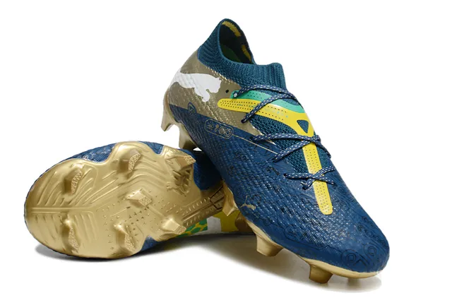 Puma Blue Gold Knit Collar Sock-Fit Asymmetric Lacing Firm-Ground Soccer Shoes 4