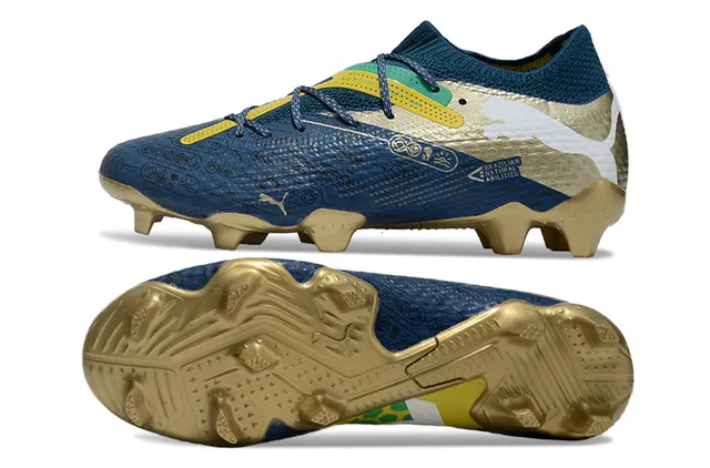 Puma Blue Gold Knit Collar Sock-Fit Asymmetric Lacing Firm-Ground Soccer Shoes 6