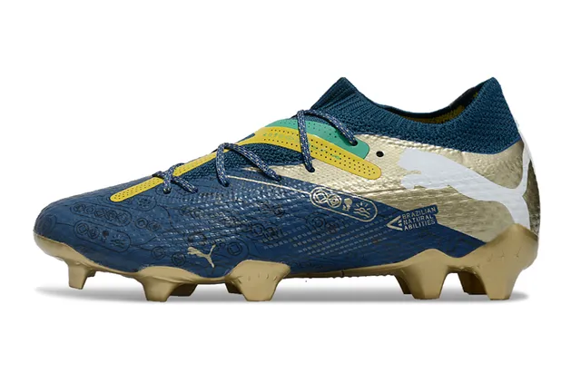 Puma Blue Gold Knit Collar Sock-Fit Asymmetric Lacing Firm-Ground Soccer Shoes 7