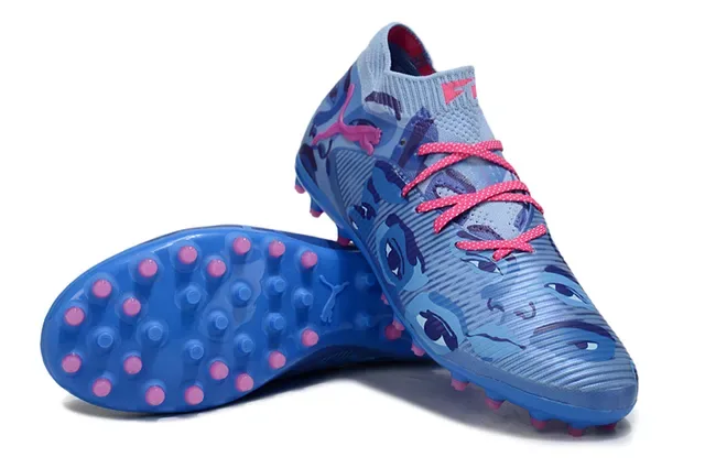 Puma Zapatillas de fútbol azul rosa cuello de punto upper con impresión camo césped artificial 4